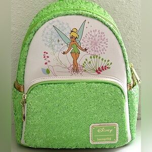 Loungefly Mini Backpack - Disney Tinkerbell Cute Pose w/ Flowers- Green Sequins